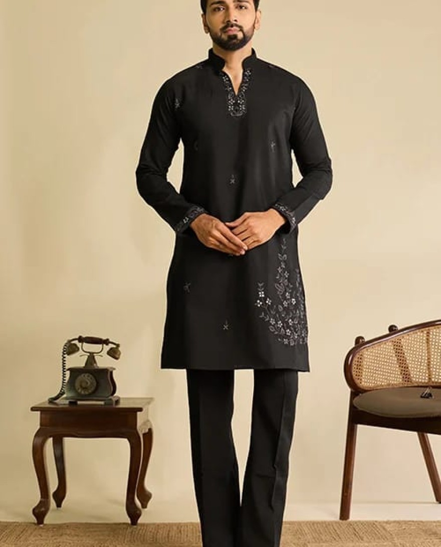 BLACK - Premium Designer Black Mirror Work Koti Kurta Set for Men